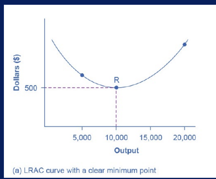 <ul><li><p>low cost firms will produce at output level R</p><ul><li><p>when LRAC curve has ? , then any firm producing a diff qty will have higher costs</p></li></ul></li></ul><p></p>