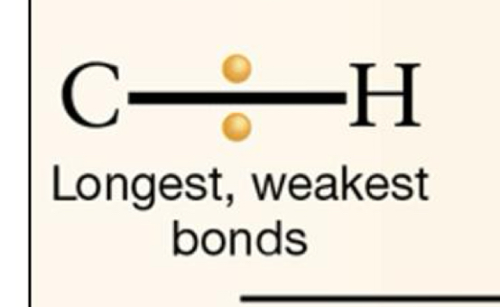 <p>Lower bond energy, Higher potential energy (electrons are less stable)</p>
