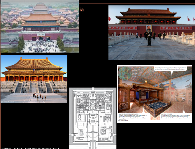 <p>Beijing, China</p><p>15th century, Ming Dynasty</p><p>stone masonry, marble, brick, wood, ceramic tile</p><p>Meridian Gate= front gate into forbidden city</p><p>Hall of Supreme Harmony= largest hall, hosted ceremonies, hypostyle hall</p><p>Palace of Tranquility and Longevity=Qianlong Emperor's prep for retirement</p><p>imperial palace from Ming dynasty - Qing dynasty, ceremonial, ritual, political center and living space of Chinese gov, beliefs and social hierarchy</p>