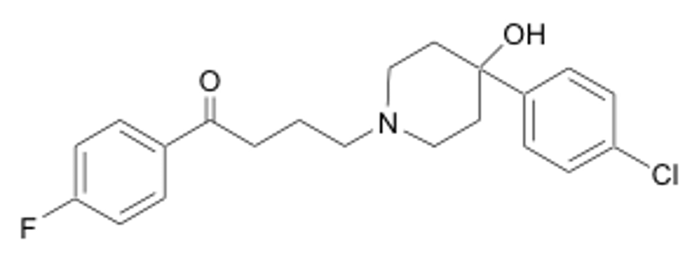 <p>- 1st generation (typical) antipsychotic/butyrophenone</p><p>- discovered in 1958</p><p>- first antipsychotic medicine acting at D2 receptor</p>