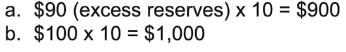 <p>1.) $90(excess reserves) x 10= $900</p><p>2.) $100 × 10 = $1,000</p>