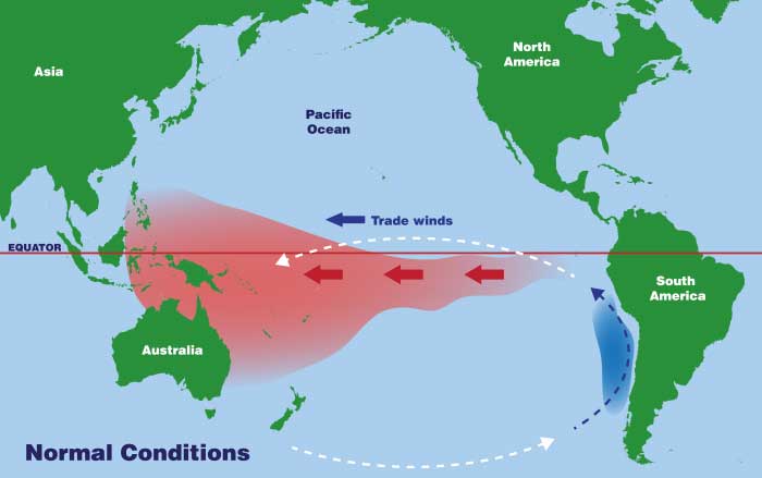 <p><span>a climate phenomenon that happens when the surface waters of the central and eastern Pacific Ocean become unusually warm, disrupting normal weather patterns around the world.</span></p>