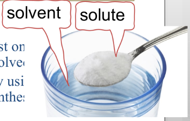 <p><strong>Homogeneous</strong> Mixtures composed of at least one solute (what is dissolved) and one solvent (what it is dissolved in)</p><hr><p><strong>chemical formula:</strong> formula of solute, solvent in parenthesis.</p><ul><li><p>NH3 (aq) - <em>dissolved in water</em></p></li><li><p>L2(alc) - <em>dissolved in alcohol</em></p></li></ul>