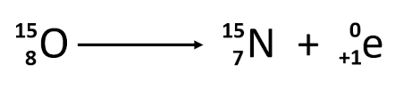 <p>1/1 p (in nucleus) —>1/0 n (in nucleus) + 0/1 e (positron expelled) </p>