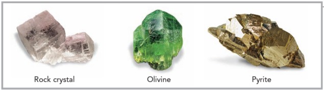 Rock crystal is transparent, olivine is translucent, and pyrite is opaque.