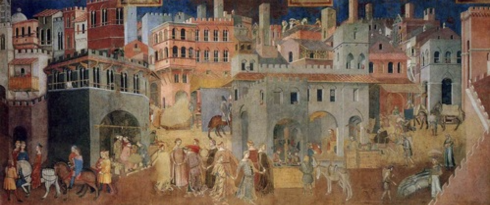  Early example of secular art

* Allegories of Good government represented as human forms
  * A lot of activity that represents an active population
  * Varied experiences of people in the piece, but are peacefully coexisting
  * Economic stability/prosperity through the clothing of the people pictured and the states of the buildings
  * Harmony, moving through the city as you move through the painting