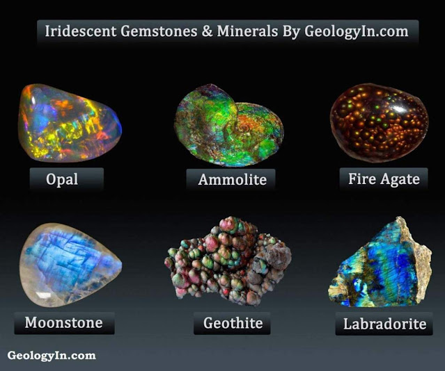 <p>Iridescence is a optical phenomenon that causes a mineral to display a play of colors. It is caused by interference of light waves reflected from thin layers within the mineral.</p>