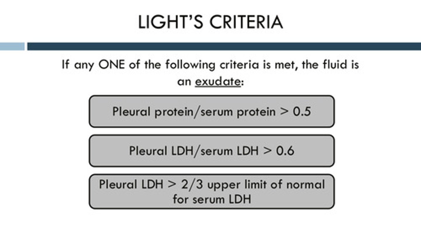 <p>light's criteria: you do not need to memorize the criteria, but know that the difference between the two is mostly due to presence of proteins/cells/content</p><p>LDH means lactate dehydrogenase</p>