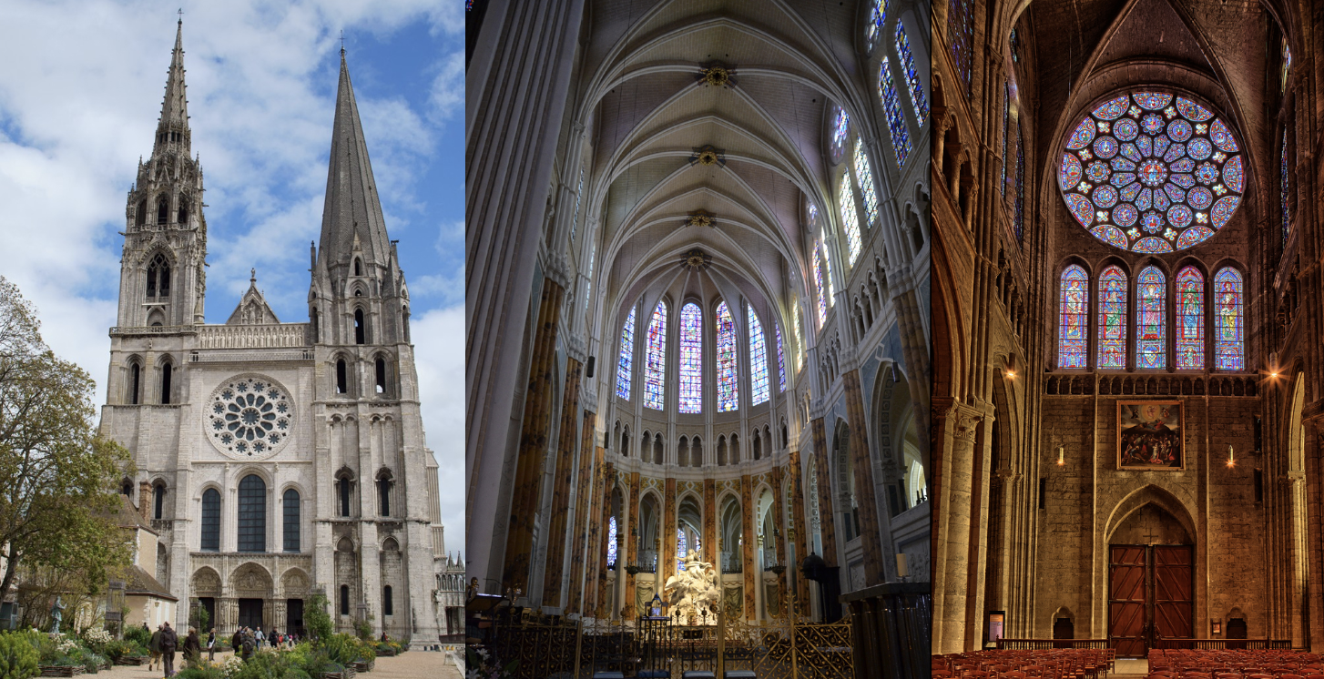 <p>GOTHIC</p><p>France, 1070-1120</p><ul><li><p>influences: large, stone, triadic symbolism, transparency</p></li><li><p>taller structures</p></li><li><p>more complex ribbed vaulting</p></li><li><p>ribbed groin vault</p></li><li><p>gothic pointed arch</p></li><li><p>rose window (1220) —> large circular stained glass window</p></li></ul><p></p>