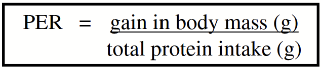 <ul><li><p><span>Official method in Canada for the evaluation of protein quality.</span></p></li><li><p><span>With this method, young rats are fed a diet for 4 weeks. The diet has all nutrients present at adequate levels except for protein, which is included at 10% kcal of the diet.</span></p></li><li><p><span>10% protein is lower limit for health. If there is anything wrong with the protein source, the growth of rats will be impaired.</span></p></li><li><p><span>Rats are weighed at the beginning and end of the 4 weeks. Food consumption is carefully monitored.</span></p></li><li><p><span>At 10% “perfect protein” you get 2g of rat growth per gram intake (HIGHEST) → WHOLE EGG.</span></p></li><li><p><span>Gelatin = 0 (no tryptophan); Wheat = 0.6 (little lysine); Raw soy = 0.5 (trypsin inhibitors)</span></p></li><li><p><span>Cooked soy: inhibitors denature → 1.7</span></p></li></ul><p></p>
