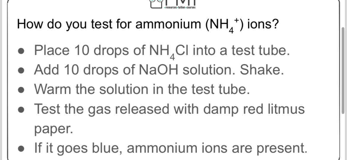 <ul><li><p>Results: alkaline ammonia gas is released which turns the red litmus paper blue</p></li></ul>