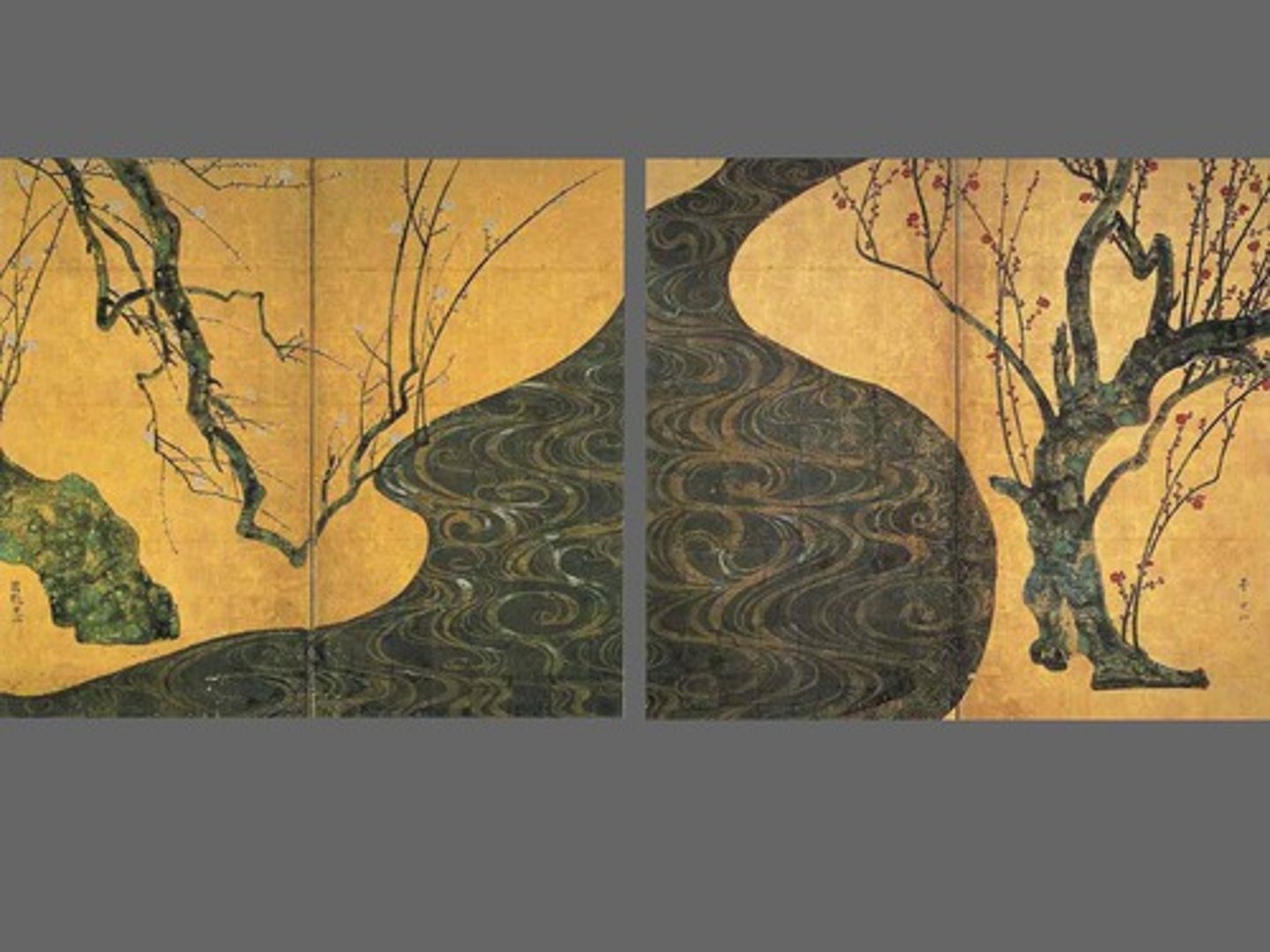 <p>1710-1716. Watercolor. OGATA KORIN<br>CONTRAST..! Gold backgrounds, flat colors.<br>RINPA style of painting (named after Ogata Korin)<br>GOLD BACKGROUND, bold colors, multiple panels for folding screens<br>JUXTAPOSITION OF NATURE and ABSTRACTION: lichen = irregular, whereas river= orderly<br>Considered classic. Focuses on flowing compositions. nature/secular imagery. Ties to SHINTOISM<br>STAGNANT TREES vs SWIRLING RIVER = Motion<br>High and close vantage point, close trees off the bounds of canvas<br>VERY LARGE<br>Chinese influence<br>WABI SABI- beauty in the temporary of life.. SAME AS VANITAS! VANITAS!!</p>