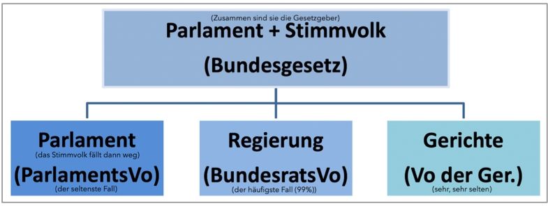 <p>Parlament (In diesem fall fällt das Stimmvolk weg), Regierung, Gerichte.</p>