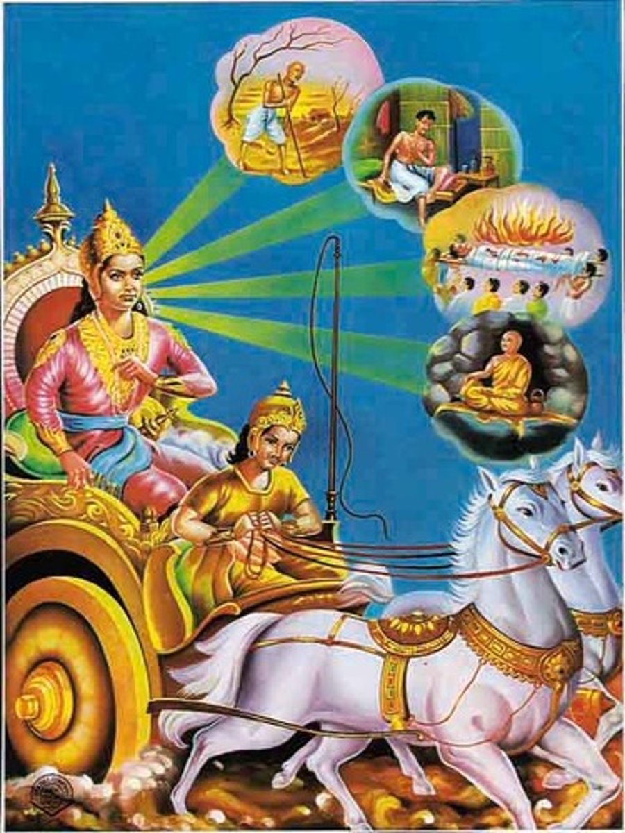 <p>1. an Old person</p><p>2. a Ill person</p><p>3. Dead person</p><p>4. Asceitc- lived a life of self denial and inspired siddhartha to follow</p>