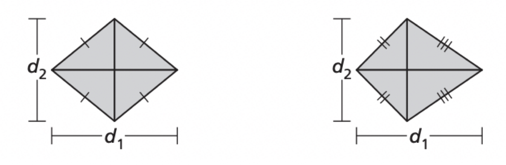 <p>The area of a rhombus or kite with diagonals d1 and d2 is ½ • d1 • d2</p>