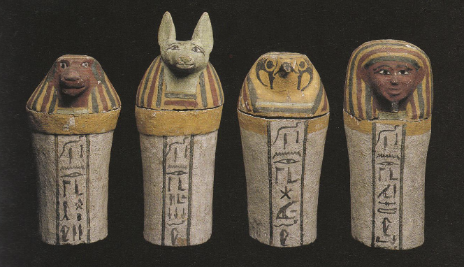 <p>canopic jars - “four sons of horus”</p>