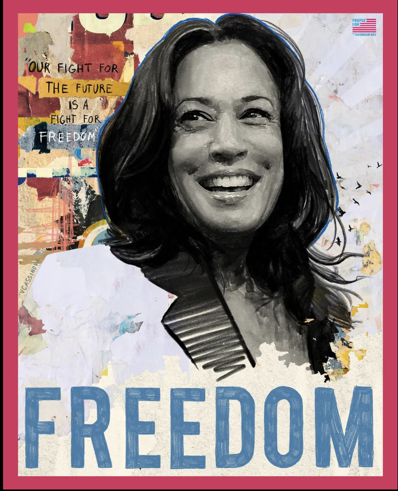 <p><span style="font-size: calc(var(--scale-factor)*15.99px)">“This image of Vice President Kamala Harris is</span><br><span style="font-size: calc(var(--scale-factor)*15.99px)">about reclaiming freedom. I am using art to show</span><br><span style="font-size: calc(var(--scale-factor)*15.99px)">that we all must cast ballots to have the freedom</span><br><span style="font-size: calc(var(--scale-factor)*15.99px)">to live, vote, read, love, speak and believe in a</span><br><span style="font-size: calc(var(--scale-factor)*15.99px)">way that is authentic to ourselves, and be safe</span><br><span style="font-size: calc(var(--scale-factor)*15.99px)">from harm, hate and persecution.”</span></p>