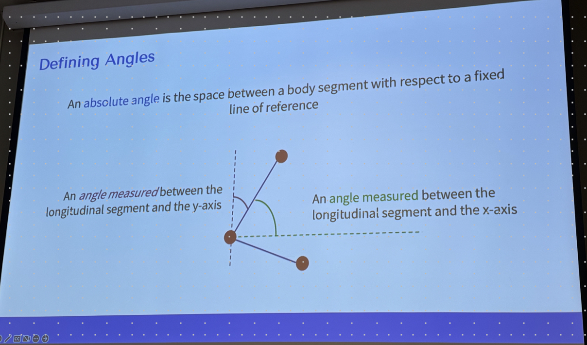 <p>Absolute angle is the space between a body segment and a fixed line of reference usually the global x or y axis<em>. </em></p><p><em>It is used to find the orientation of a single body segment in relation to the env.</em></p>