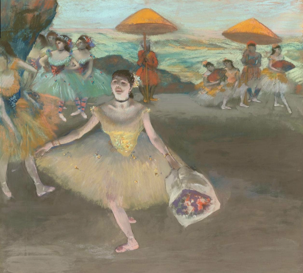 <p>Dancer with a Bouquet, Saluting on the Stage, Edgar Degas 1874</p>
