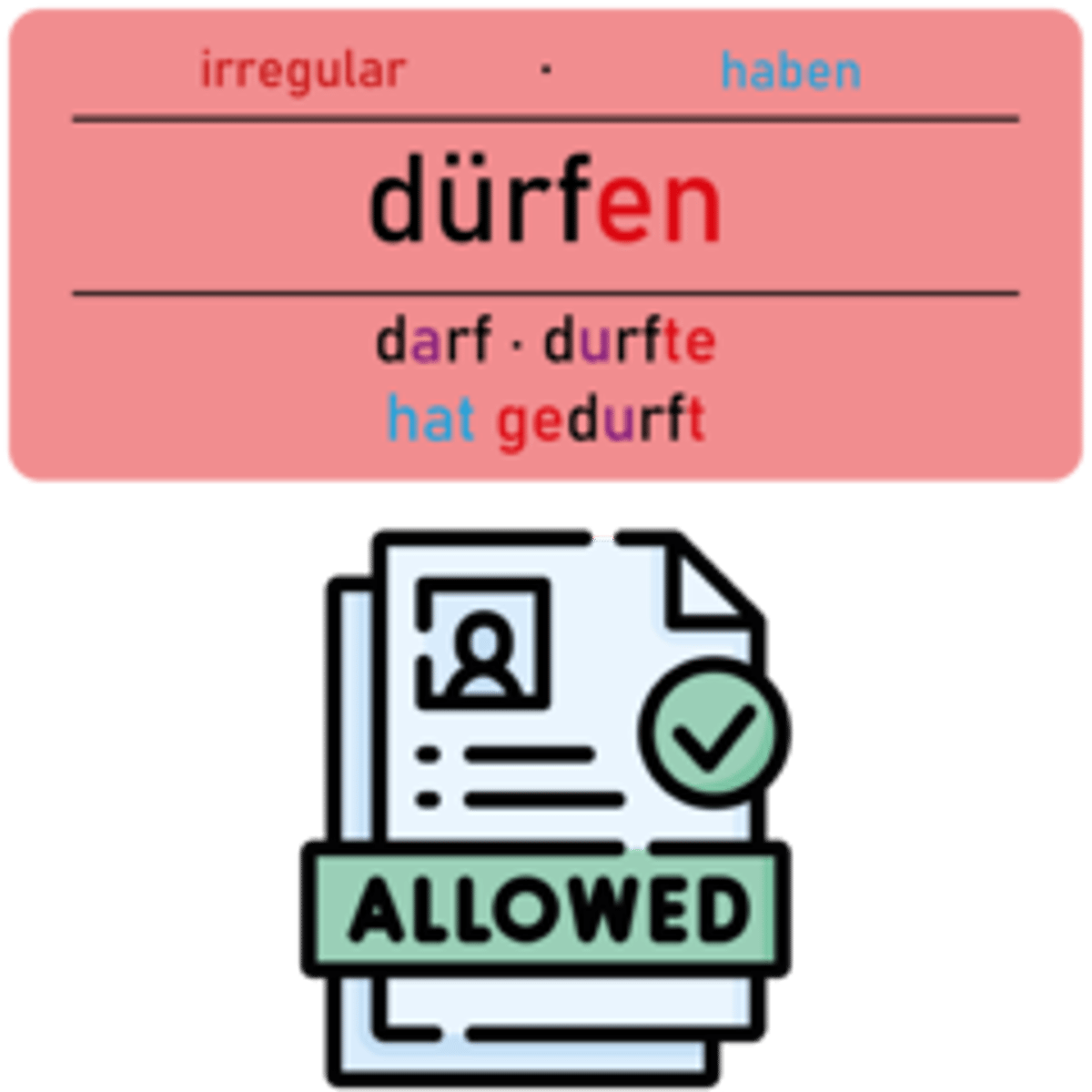 <p>dürfen</p><p>(Akk., zu+D)</p><p>Dürfen wir heute länger fernsehen?</p><p>(Are we allowed to watch TV longer today?)</p>