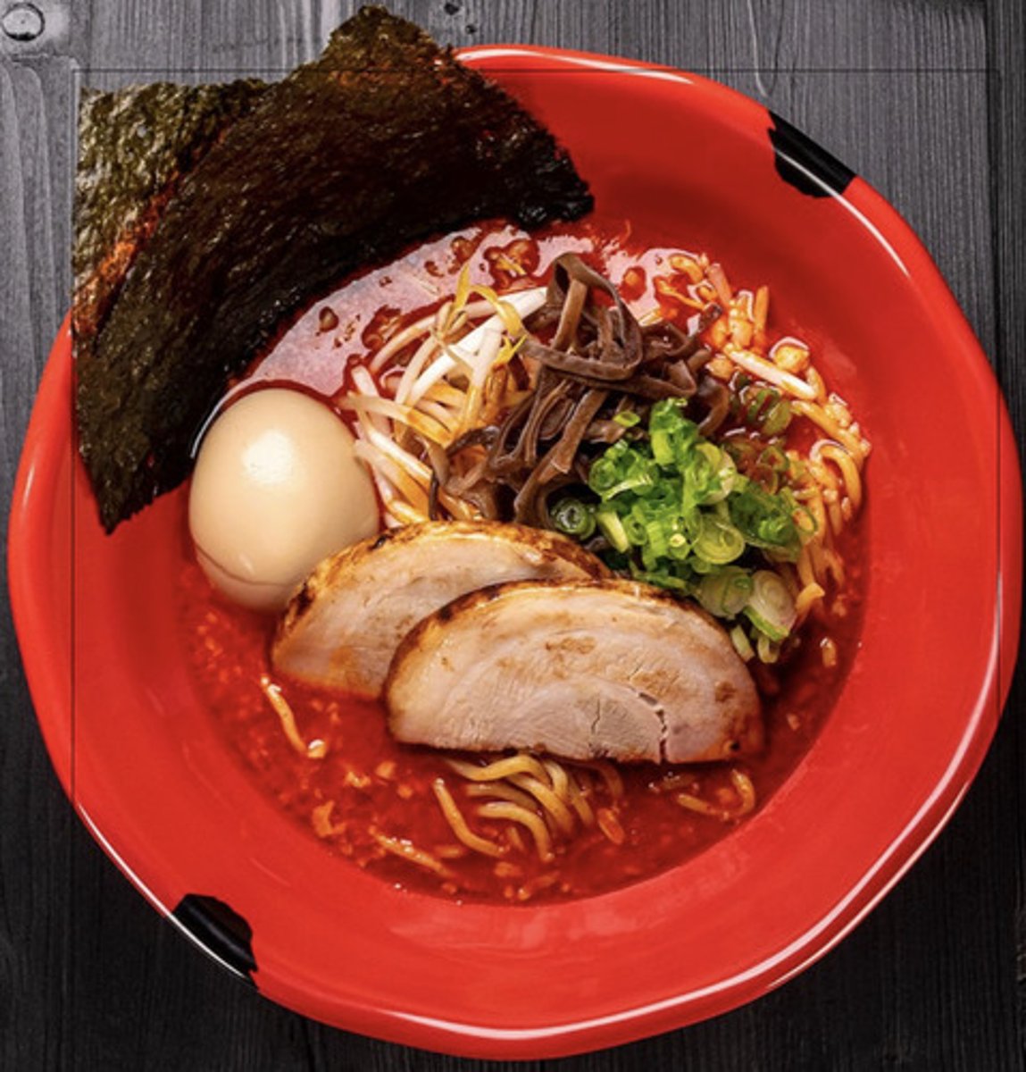 <p>Pork broth, Pork chashu, Green onion, Kikurage, Egg, Nori, Spicy bean sprouts, Red hot chili oil, Thick noodles, Spice level 1-10</p>