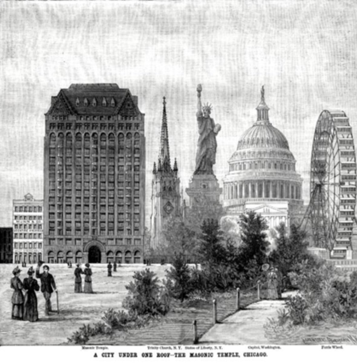 <p>Church Spire of Trinity Church</p><p>Statue of liberty</p><p>Dome of U.S. Capitol</p><p>World's First Ferris Wheel</p>