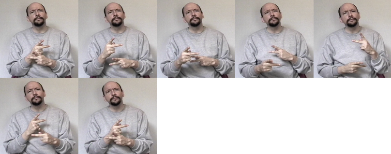 <p>w/ furrowed eyebrows, “k” handshape, spins around</p>