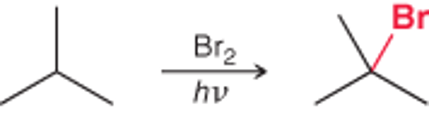 <p>alkyl bromide</p><p>Br goes to more substituted spot</p><p>3 prime> 2 prime> 1 prime</p>