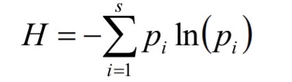 <ul><li><p>is a commonly used summary metric for species diversity.</p></li><li><p>It incorporates both species richness and species evenness.</p></li><li><p>S = number of species in the community</p></li><li><p>pi = proportion of individuals that belong to the ith species</p></li></ul><p></p>