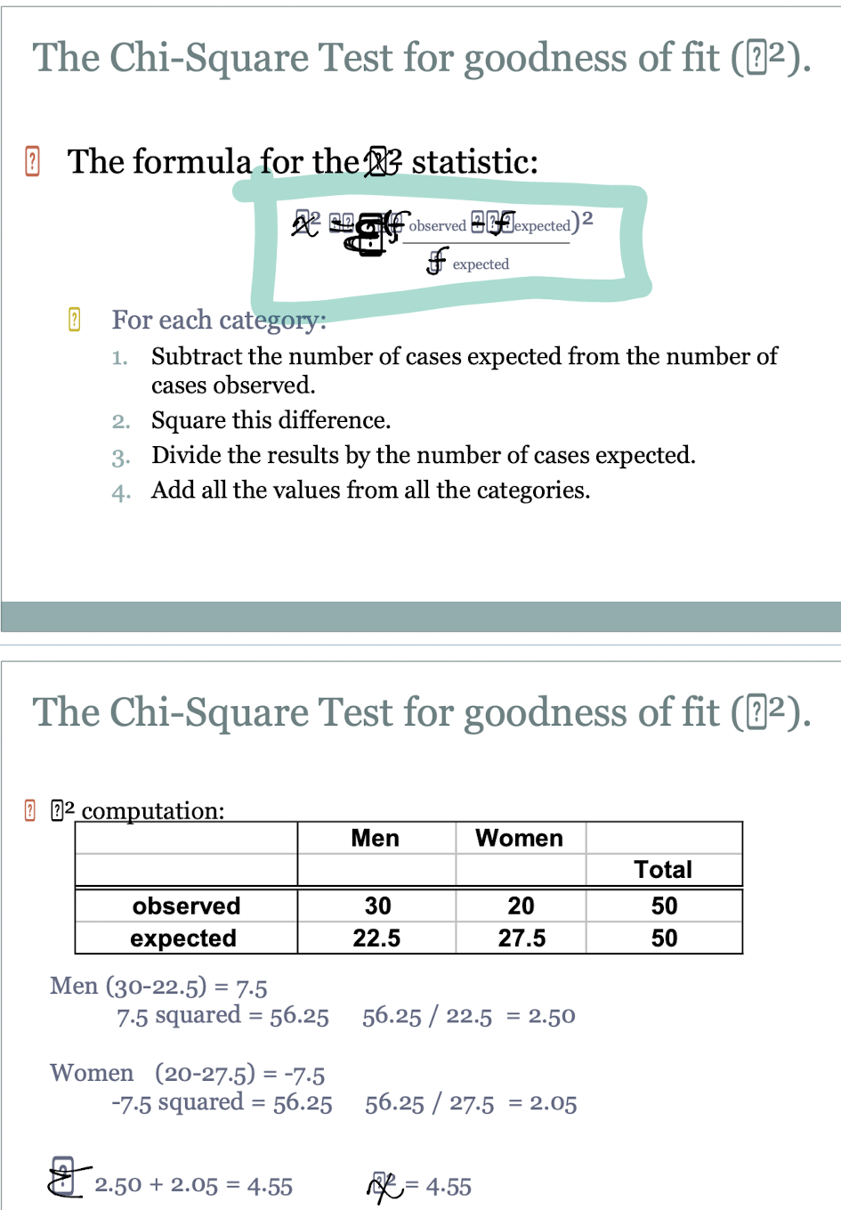 <p>for each category (e.g. men, women…)</p><ol><li><p>subtract the number of cases expected from the number of cases observed</p></li><li><p>square this difference</p></li><li><p>divide the results by the number of cases expected</p></li><li><p>add all the results from all the categories</p></li></ol><p></p>