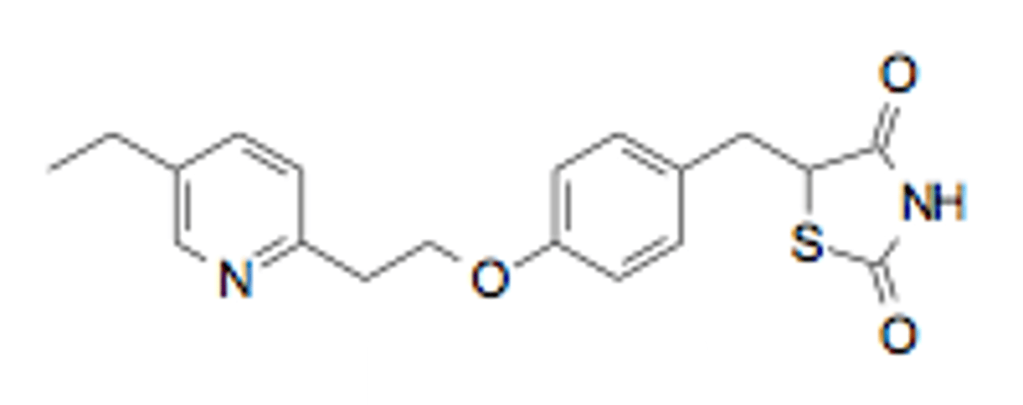 <p><strong>Brand: </strong>Actos</p><p><strong>Class: </strong>Thiazolidinedione (TZD)</p><p><strong>MOA:</strong> Improves target cell response to insulin, without increasing insulin secretion.</p>