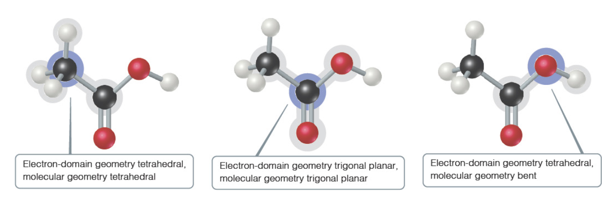 <ul><li><p>For larger molecules look at the geometry about each atom rather than the molecule as a whole</p></li><li><p>Any nonterminal atom can be considered a central atom</p></li><li><p><em>double bonds are considered as 1 pair</em></p></li></ul><p></p>