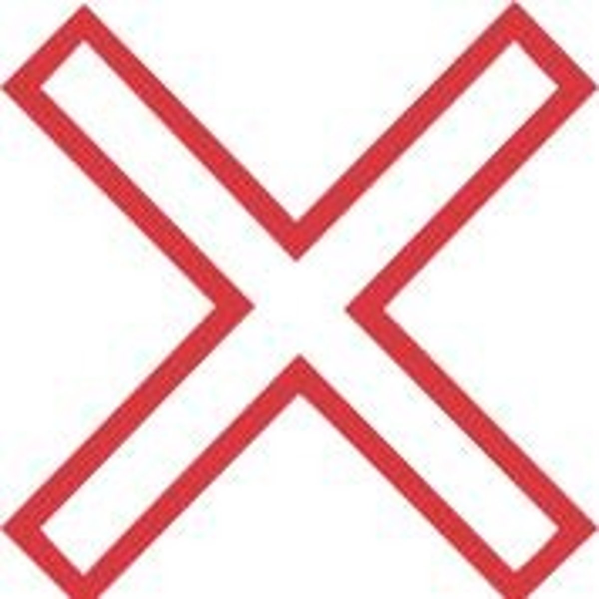 <p>X-shaped with a white background and red outline. It warns that railway tracks cross the road.</p>