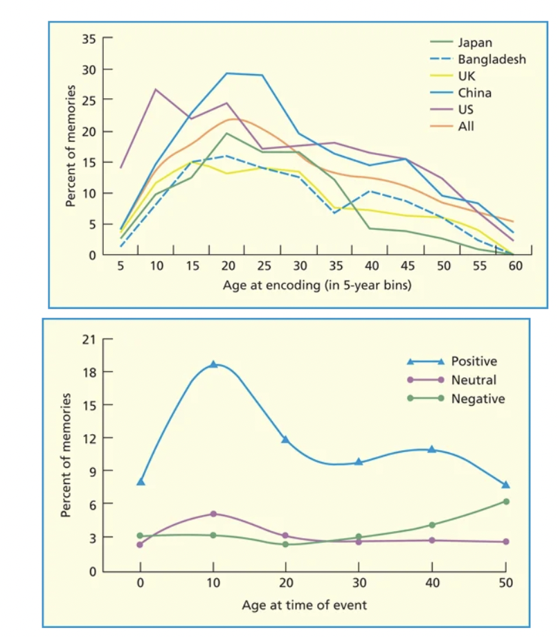 <ul><li><p><span style="background-color: transparent;"><strong><span>Reminiscence bump: </span></strong><span>A tendency for participants over 40 to show a high rate of recollecting personal experiences from age 10-30.</span></span></p><ul><li><p>Why?</p></li><li><p>A lot of major life events occur in this time, so we are more likely to remember/reminiscence</p></li></ul></li></ul><p><span style="background-color: transparent;"><strong><span>Life narrative: </span></strong><span>a coherent and integrated account of one’s life that forms the basis of autobiographical memory retrieval. Provides an organize set of schemas with which key episodic events can be integrated.</span></span></p><p><span style="background-color: transparent;"><strong><span>Explanations</span></strong></span></p><ul><li><p><span style="background-color: transparent;"><strong><span>Cognitive explanatory account:</span></strong><span> heightened novelty, depth of processing, distinctiveness, rehearsal of events from bump period.</span></span></p></li><li><p><span style="background-color: transparent;"><strong><span>Identity formation: </span></strong><span>experiences that are thought about a lot and will be well integrated into one’s self concept.</span></span></p></li><li><p><span style="background-color: transparent;"><strong><span>Cultural life script: </span></strong><span>members of a culture internalize a well-developed, idealized story of what typical people experience throughout their lives.</span></span></p></li></ul><p>Tends to shift for those who have immigrated to before+after immigration point</p>