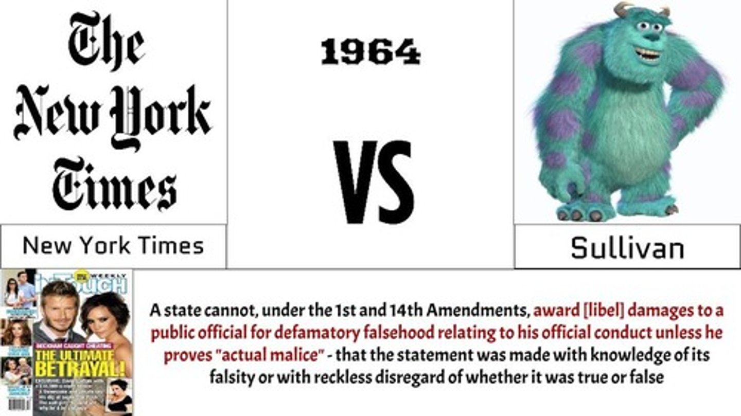 <p>1964 - public official may not win a libel suit unless they can prove the statement was made knowing to be false or with reckless disregard of its truth</p>