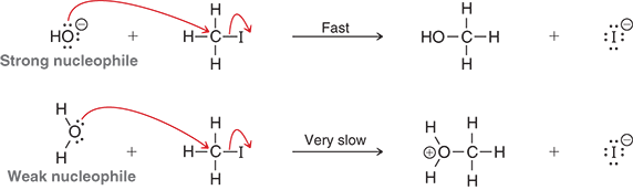 <p>Hydroxide (HO—)- it has a negative charge, making it more reactive</p>
