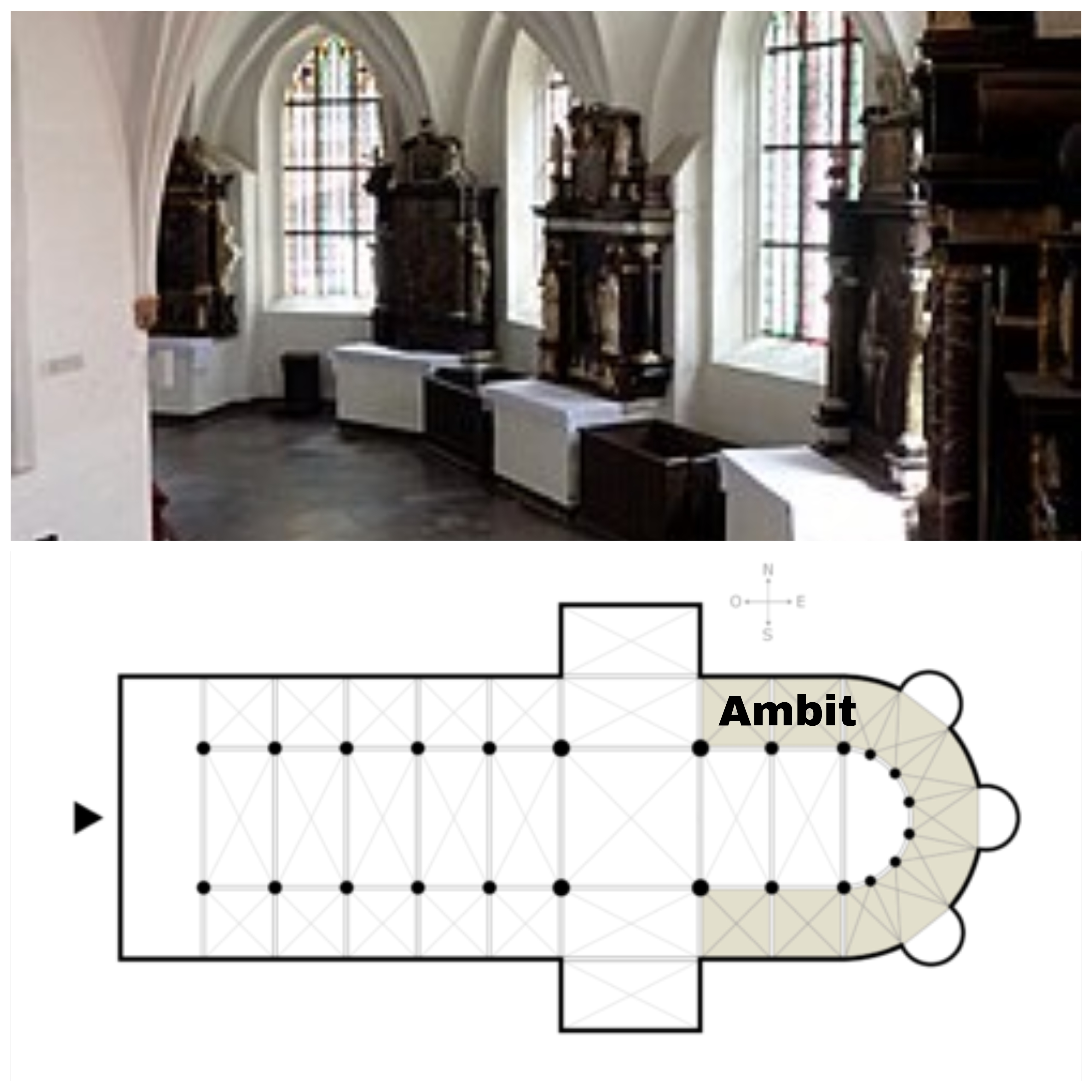 <p>Przejście w budowli , które powstało przez przedłużenie naw bocznych, biegnące dookoła prezbiterium za ołtarzem głównym żeby Umożliwic wiernym obejście prezbiterium bez wchodzenia na ołtarz, ułatwiając dostęp do cennych relikwii w kościołach pielgrzymkowych. Charakterystyczne dla Romanizmu i gotyku</p>