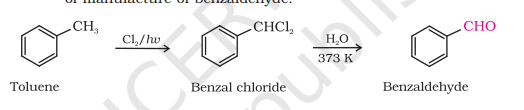 <ul><li><p><strong>Toluene</strong> on chlorination gives <strong>benzal chloride</strong> which on hydrolysis gives <strong>benzaldehyde</strong></p></li><li><p>Commercial method for the manufacture of benzaldehyde</p></li></ul>