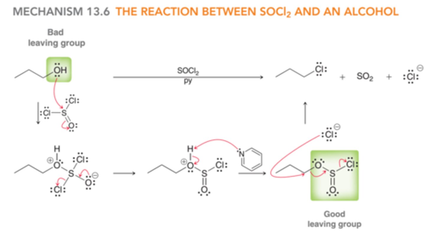 <p>Inversion of stereochemistry if the carbon with OH was chiral because Cl- does an SN2</p>