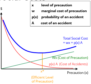 <ul><li><p>Precaution Costs (wx) increase with care </p></li><li><p>Expected Harm (p(x)A) decreases with care </p></li><li><p>Total Social Cost (SC = wx + p(x)A) </p></li></ul><p>Efficient Level of Precaution (x*) </p><ul><li><p>Minimizes total expected social costs </p></li><li><p>Marginal cost = marginal benefit </p></li><li><p>w=−p′(x*)A</p></li></ul><p></p>