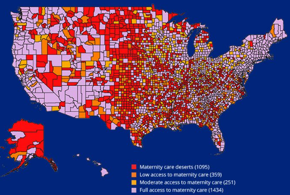 <p>US counties that have very limited access to hospitals, birth centers, OBGYNs, or other maternity care</p><p></p><p>countries right down the midwest and most of Alaska are maternity care deserts</p>