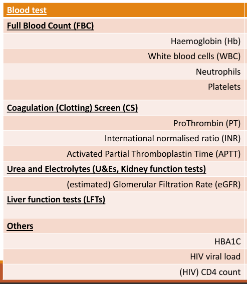 <ul><li><p><strong>FBC</strong> - platelet, neutrophil, Hb, WBC</p></li><li><p><strong>Coagulation screening times</strong> - Pt, INR, APTT</p></li><li><p><strong>urea and electrolyte</strong> - eGFR</p></li><li><p>Liver function test - </p></li><li><p>others: HIV/Diabetes</p></li></ul><p></p>