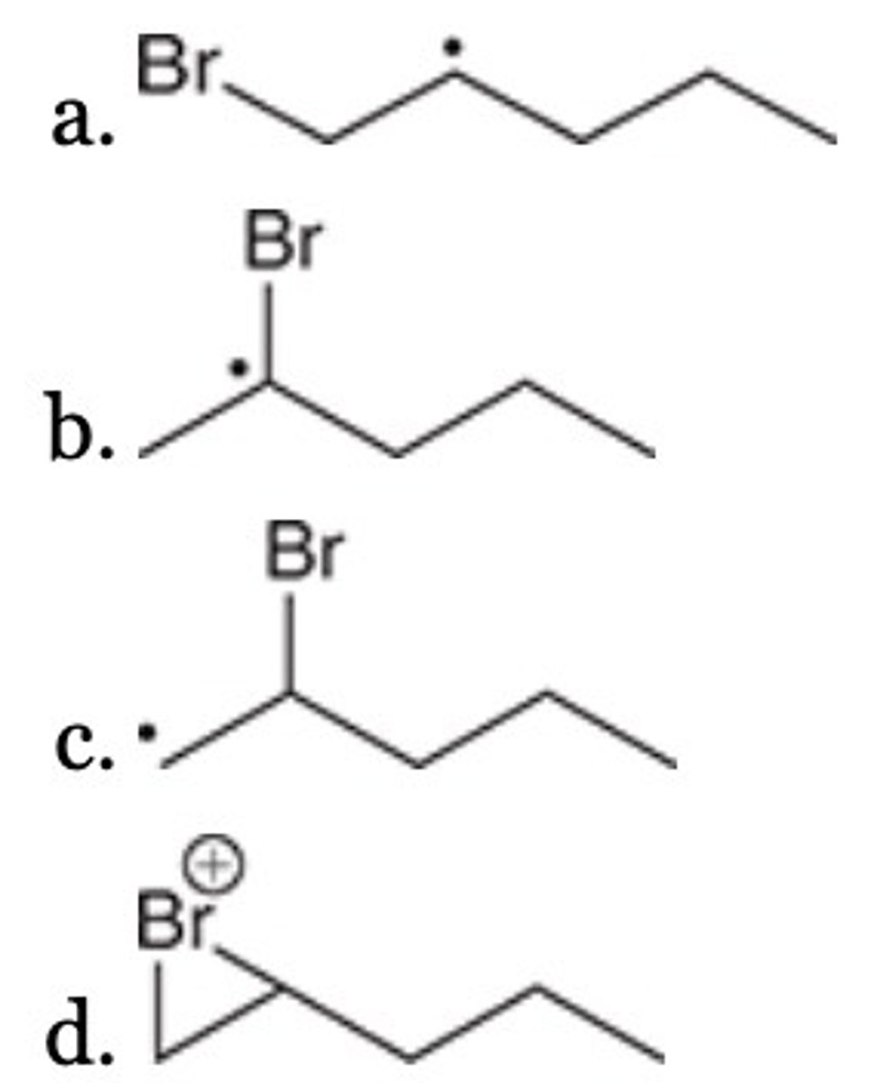 <p>Which of the following is a likely intermediate when 1-pentene undergoes addition of HBr, in the presence of peroxides?</p>