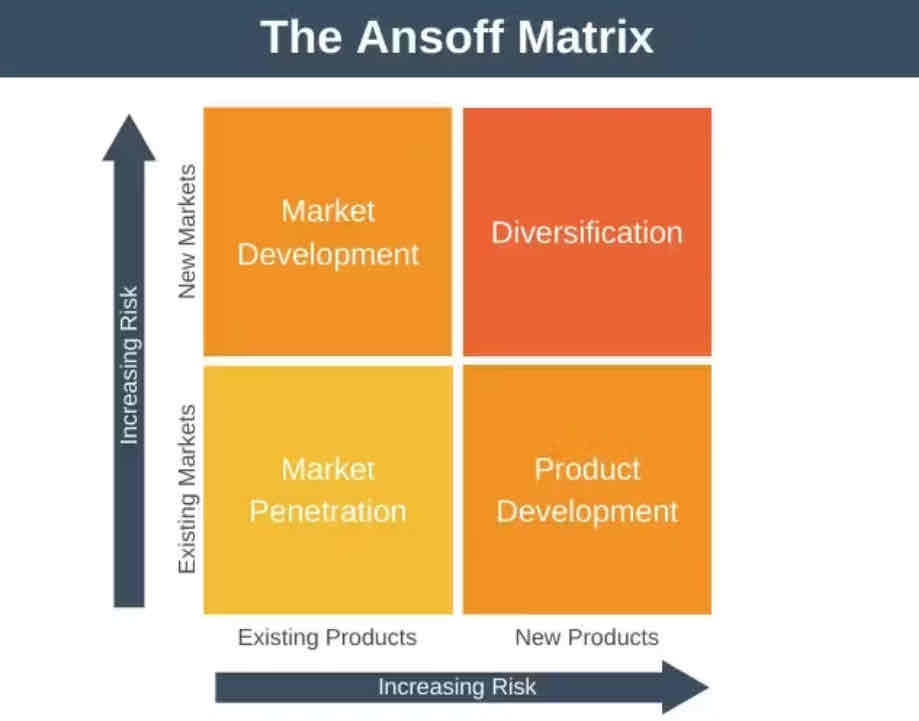 <p>Existing Market Existing Product: Market penetration</p><p>Existing Market New Product: Product development</p><p>New Market Existing Product: Market development</p><p>New Market New Product: Diversification</p><p></p>