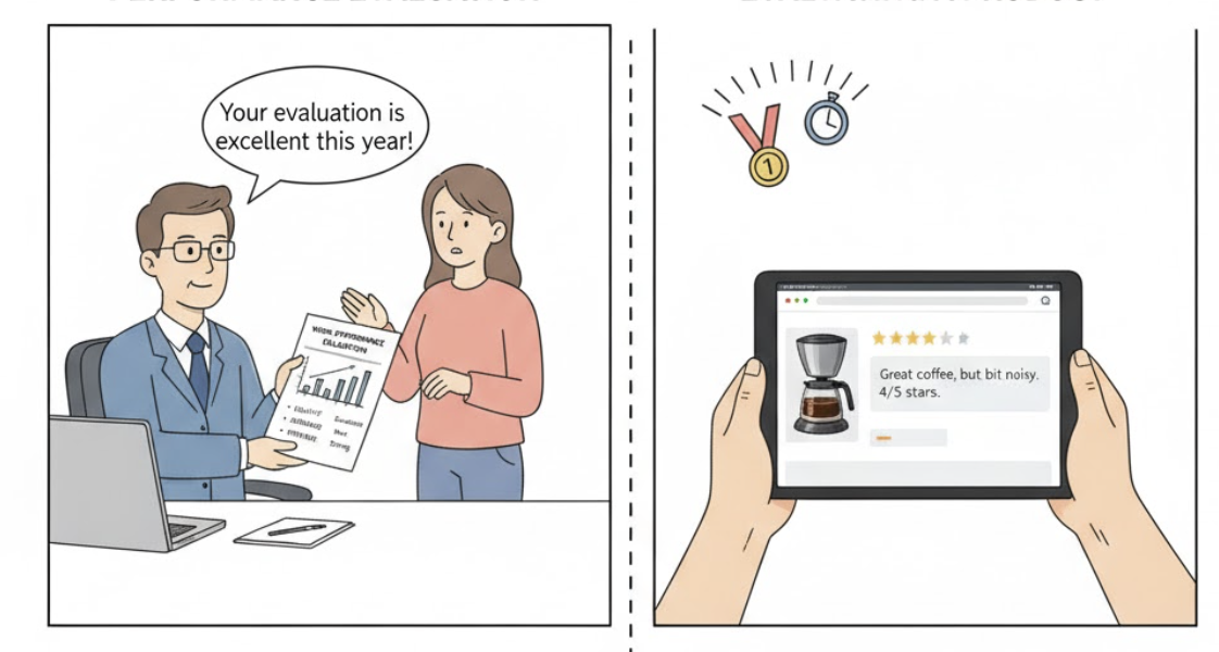 <p><strong>a judgment of the quality or value of something</strong></p><p>(sự đánh giá, sự thẩm định chất lượng hoặc giá trị của một cái gì đó)</p>