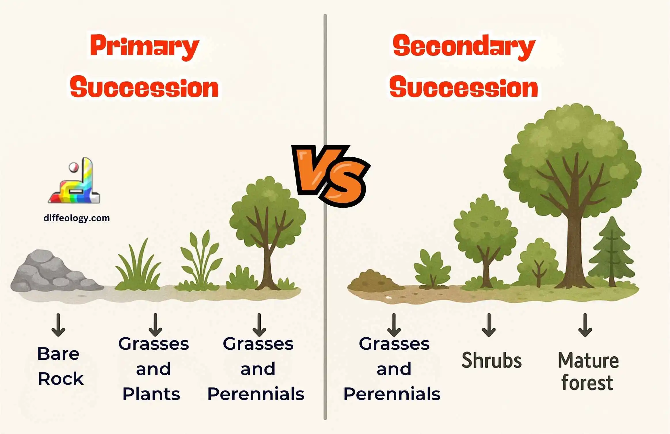 <ul><li><p><strong>Primary succession</strong> - <span>occurs on newly formed or exposed land with no soil previously devoid of life</span></p></li></ul><ul><li><p><strong>Secondary succession </strong>- <span>existing community has been removed, leaving soil intact but with no plant or animal species (e.g. forest fire)</span></p></li></ul><p></p>