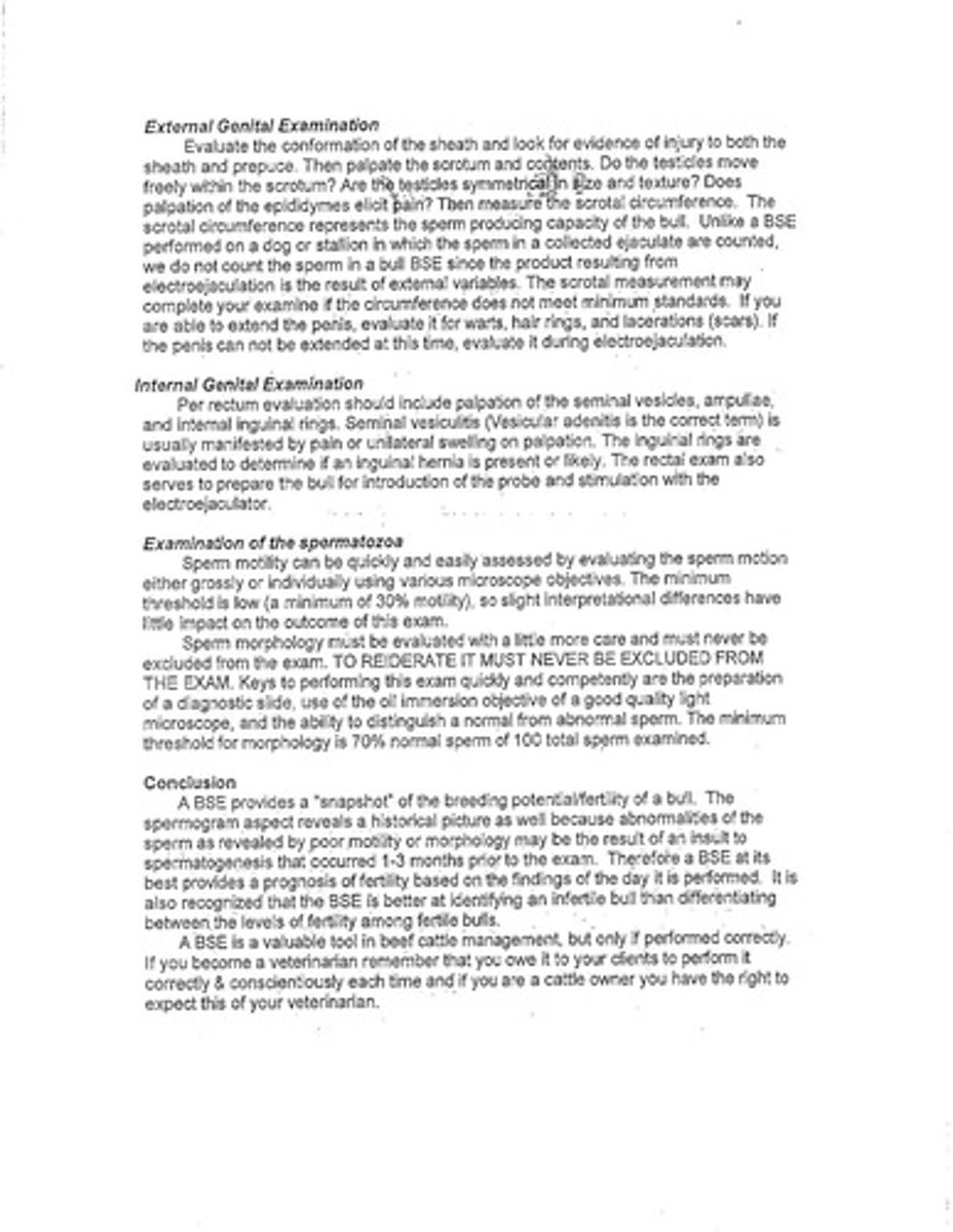 <p>A procedure to evaluate the fertility potential of bulls, including physical and reproductive examinations.</p>