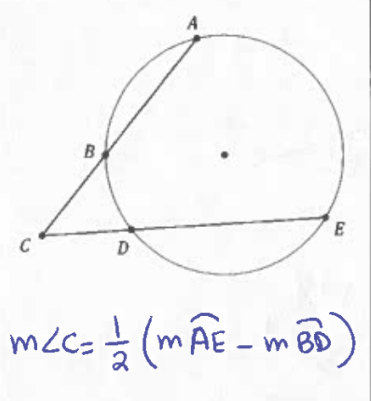 <p>measure of angle c = 1/2(measure of arc AE - measure of arc BD)</p>