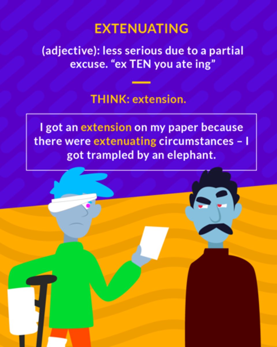 <p>(adj) excusing, lessening the seriousness of guilt or crime, e.g., of mitigating factors</p>