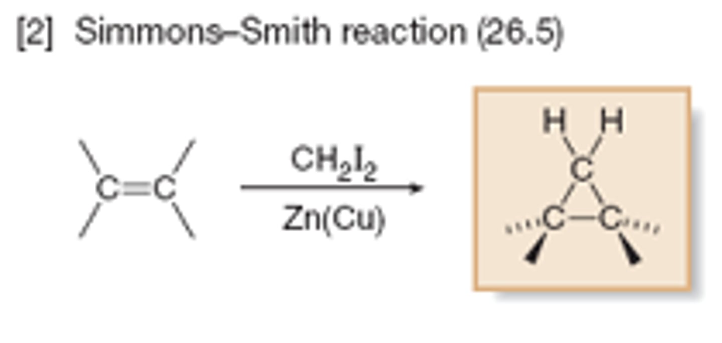 <p>Alkene + CH2I2 + Zn(Cu) --&gt; cyclopropane</p>